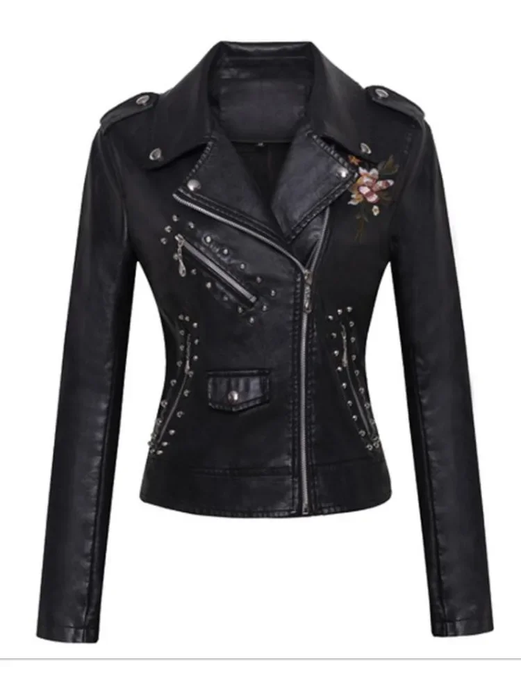 New Women Patchwork Leather Jackets Flower Embroidery Rivets Short Section Pu Leather Small Jackets Casual Motorcycle Coats