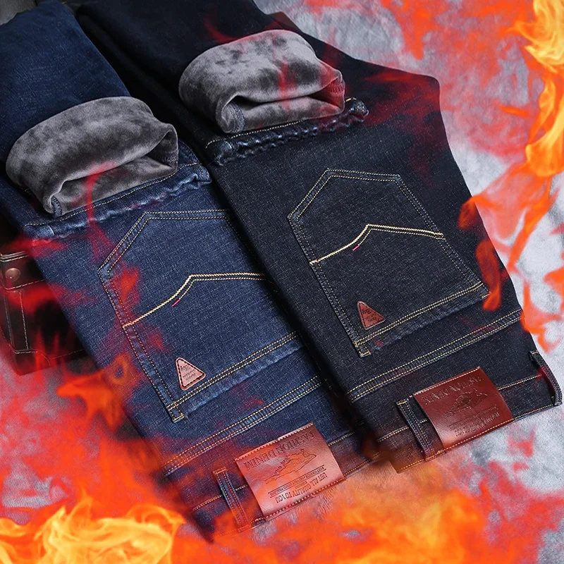 High Quality Winter Men's Warm Fleece Slim Fit Jeans Business Fashion Thicken Denim Trousers Stretch Brand Pants Black Blue 40