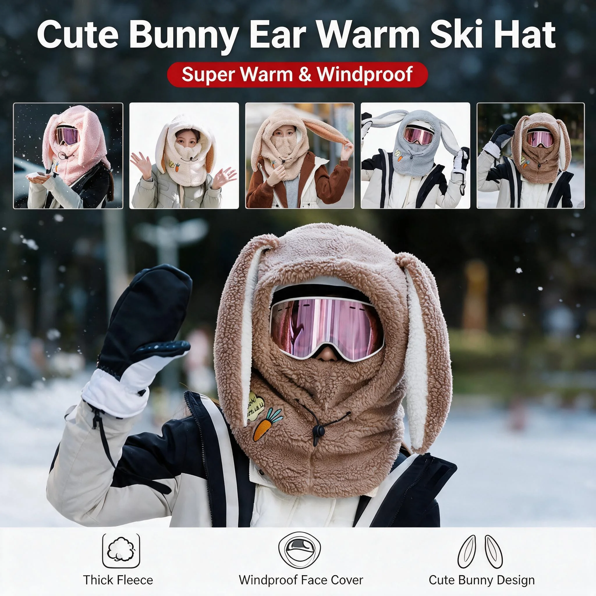 Cute Cartoon Bunny Ears Ski Hat Winter Warm Wool Soft Ski Helmet Cover Scarf Set Decorative Outdoor Sports Headwear
