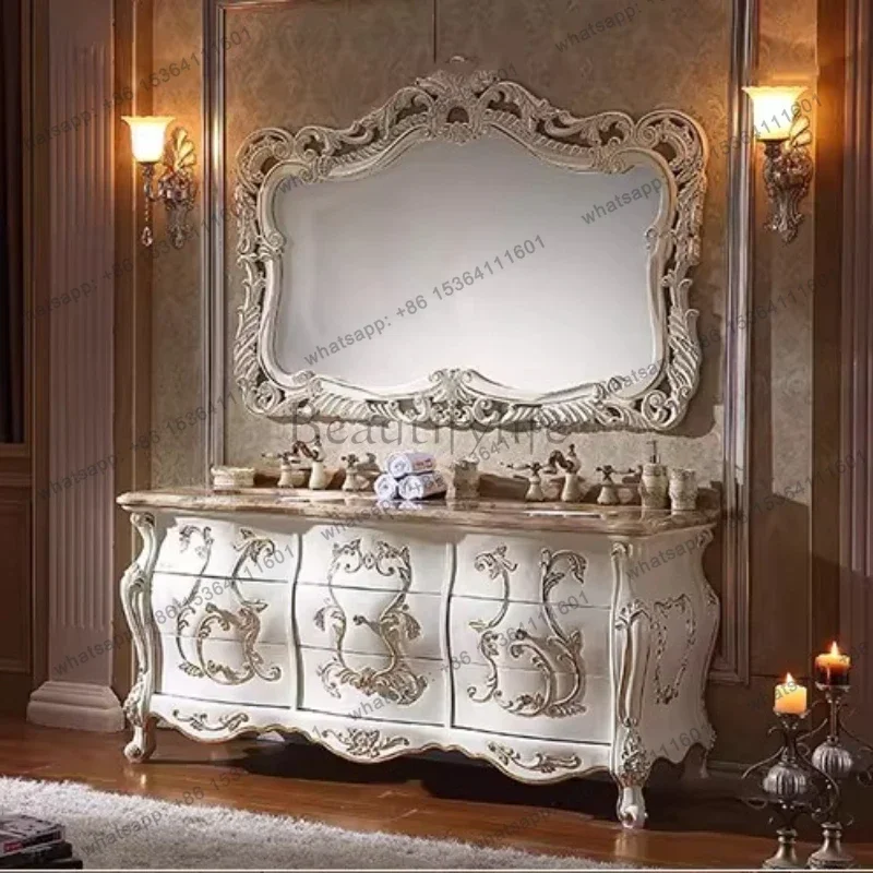 Vanity European Style Solid Red Oak Wood Combination Curved Oak Double Basin Marble Top Hand Washing Cabinet
