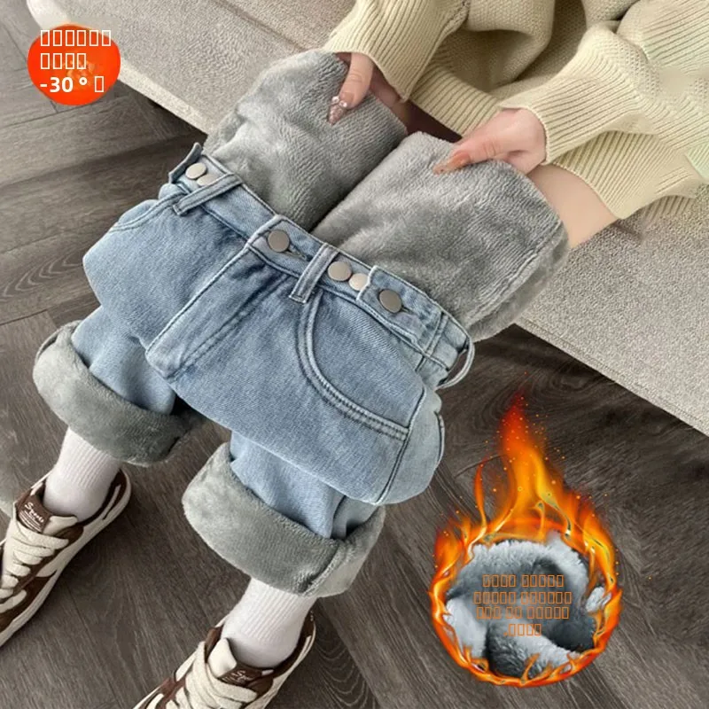 

Джинсы женские Thiened Fce с высокой талией, свободные, прямые, зимние, теплые брюки с эффектом стройности