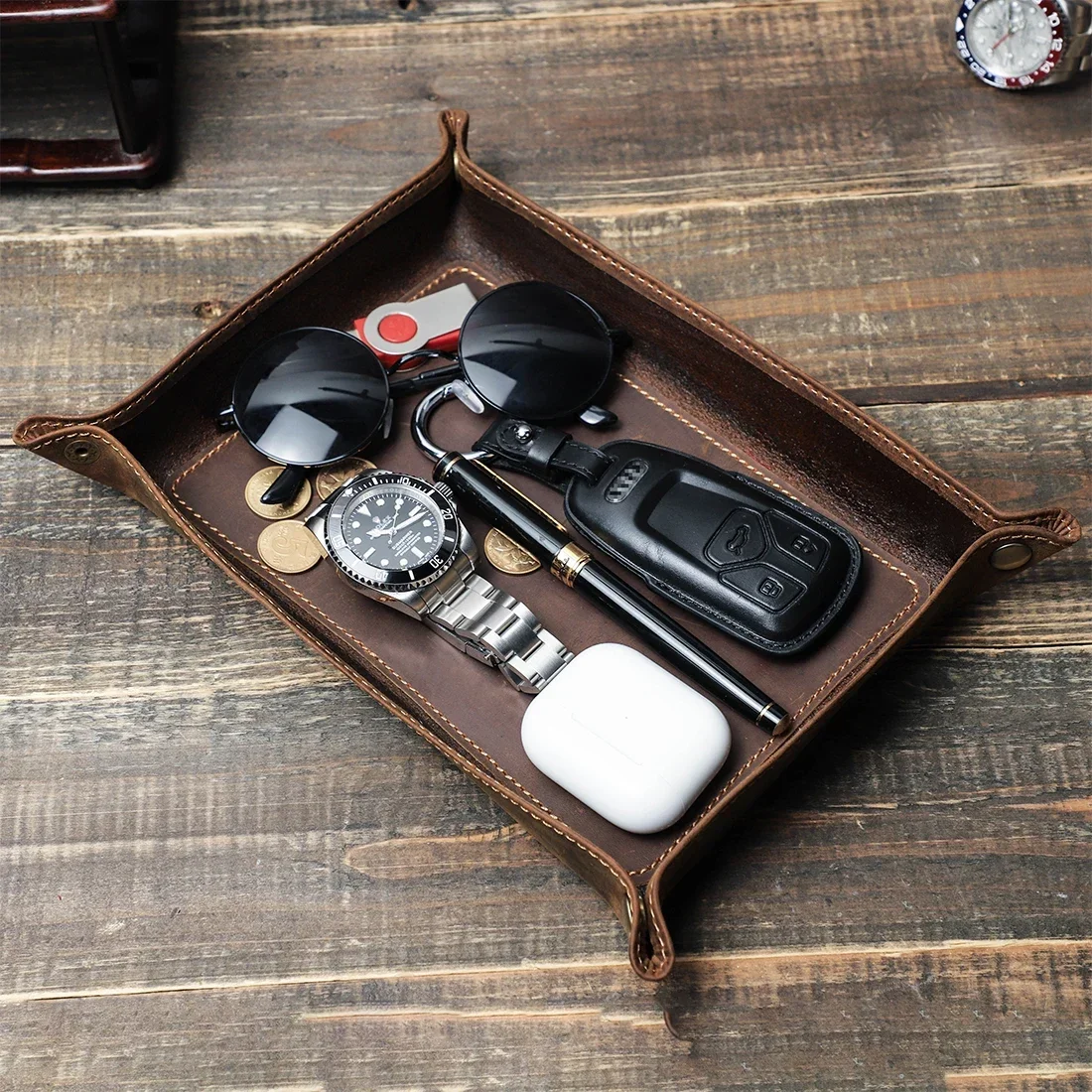 Genuine Leather Foldable Storage Trays Cowhide Square Tray Key Wallet Coin Organizer Home Office Desktop Storage Sundries Box - Image 2