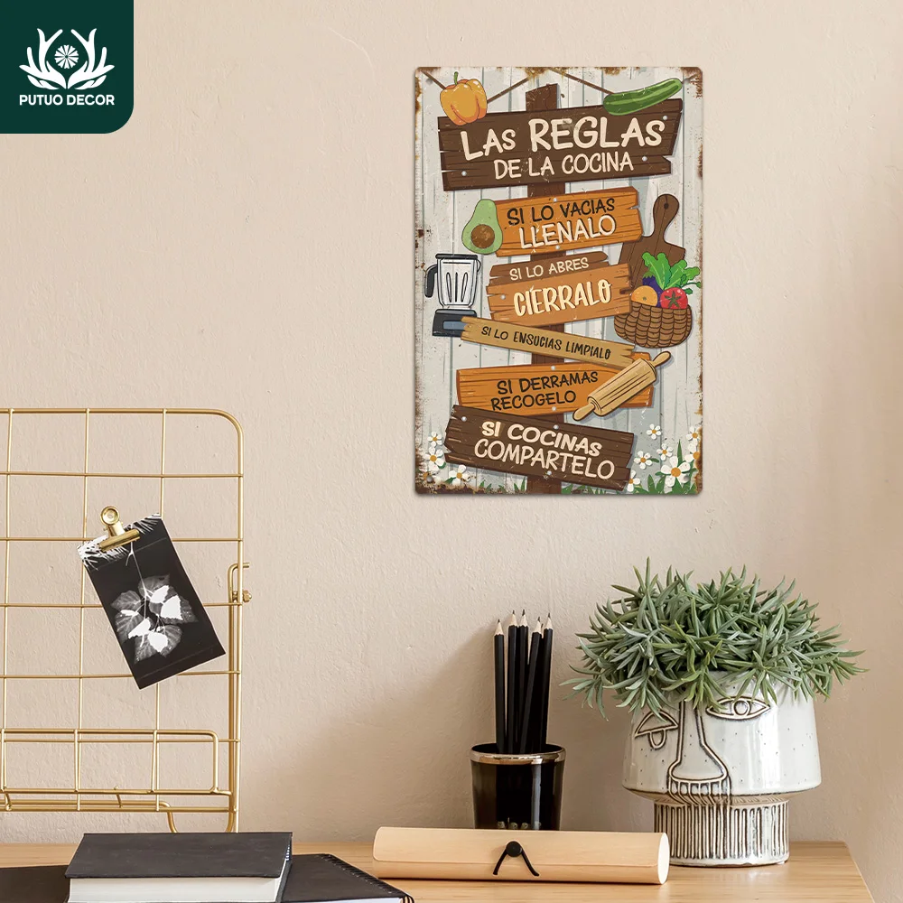 Putuo Decor 1 Stück Spanisches Vintage-Metallblechschild, LAS REGLAS DE LA COCINA SI LO, Wandkunst-Dekor für Zuhause, Küche, Restaurant, Geschenk
