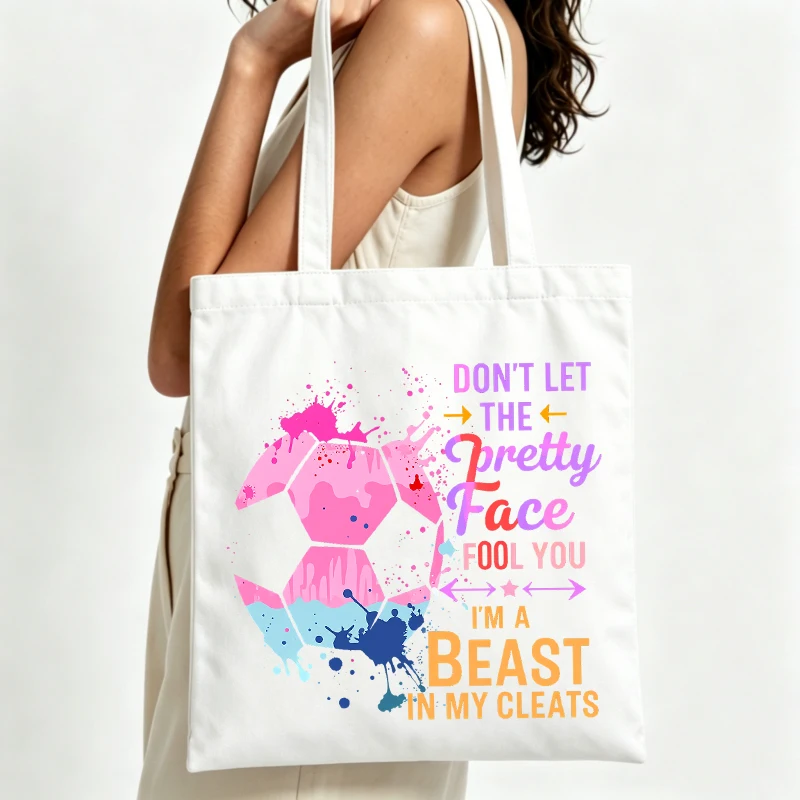 Women Soccer Ball Graphic Canvas Tote Bag With Slogan Print Ideal For Casual Daily Use And Sports Outings