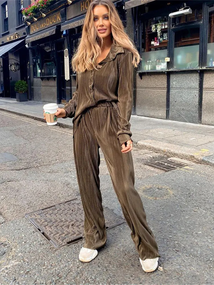 

2 Pieces Brown Loose Shirts Pants Set Women Elegant High Waist Pant Suits Fashion Pleated Home Wide Trouser Suits