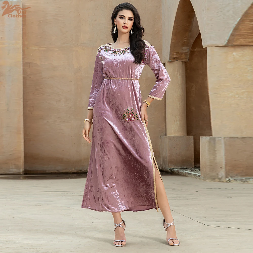 

Eid Mubarak Velvet Diamonds Abaya Dubai Muslim Dress for Women Ramadan Kebaya Caftan Musulmane Femme Robe Islam Jalabiya Vestido