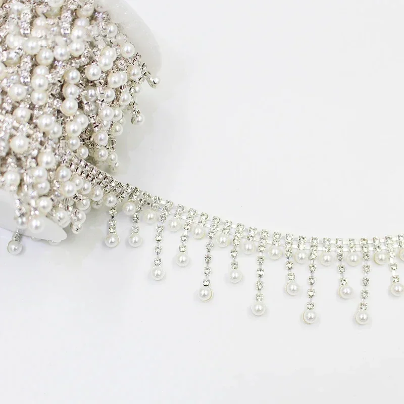 1yard Pearl Tassel Crystal Metal Trim Bridal Wedding Dress DIY Decoration Welding Rhinestone Fringe Sew on Clothing Shoes Bag