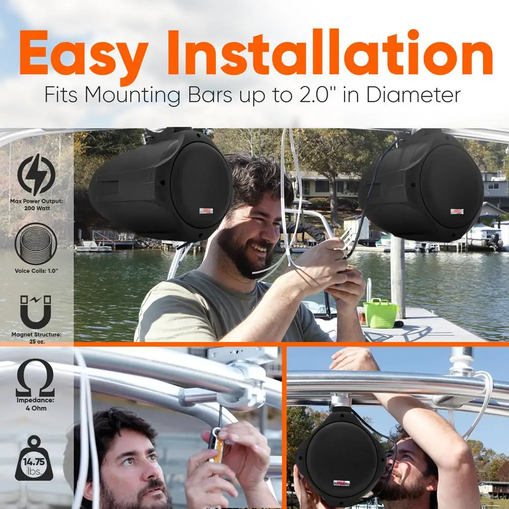 ลำโพงมารีนคู่ขนาด 6.5 นิ้วของไพล์ - ระบบเสียงสเตอริโอแบบ 2 ทาง IP44 กันน้ำ ทนต่อสภาพอากาศ ระบบเสียงกลางแจ้งพร้อมกำลังขับ 200 วัตต์