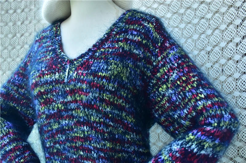 Soft Fluffy Mohair Blend Knit Sweater Women V-Neck Multicolor Gradient Striped Loose Pullover Long Sleeve Fall Winter Jumper Top
