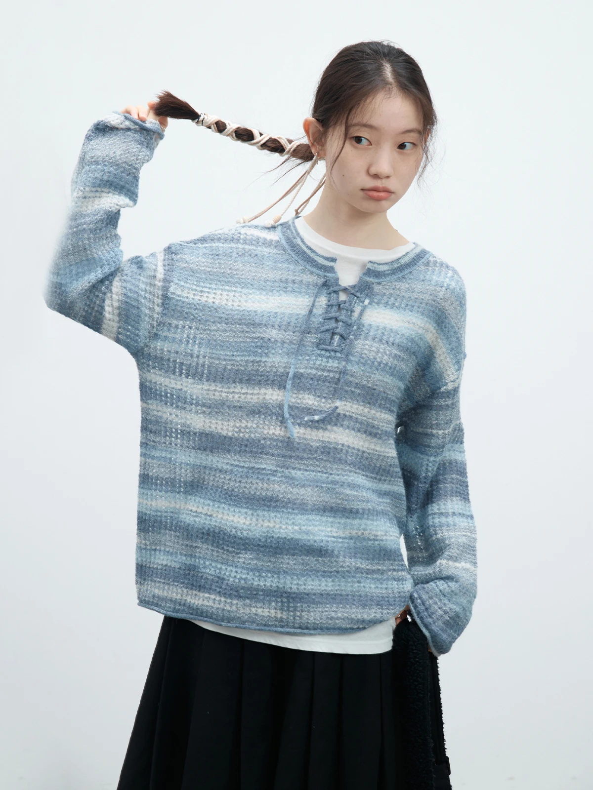 

Women's adient Color Striped Sweater Hollow out Dstring Sle Comfortable Loose Fit Long Sve Knitwear for Autumn Winter