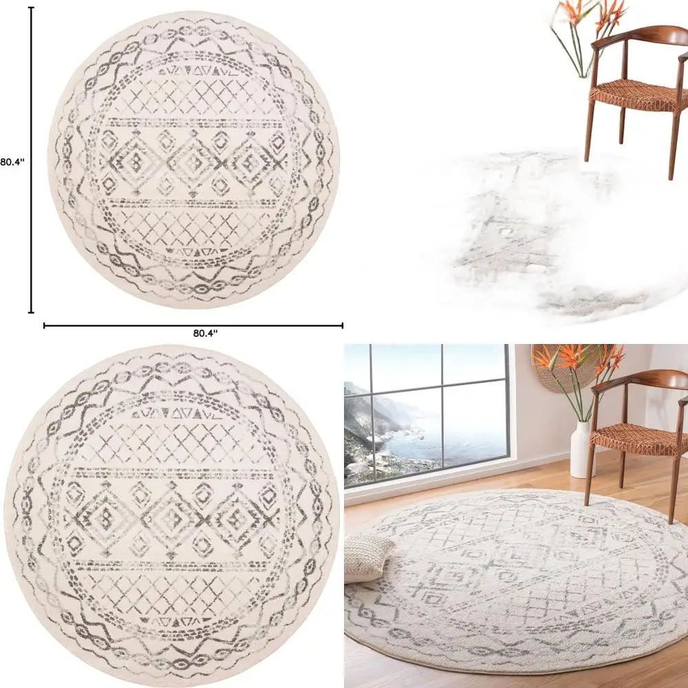 

Moroccan-Inspired 6'7 Round Area Rug, Ivory & Grey, Distressed Boho Style, Non-Shedding, Easy Clean, Suitable for Living, Bedroo