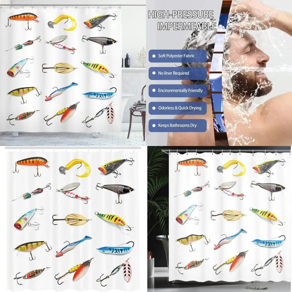 

angler's delight: fish hook, trolling gear on water-resistant shower curtain