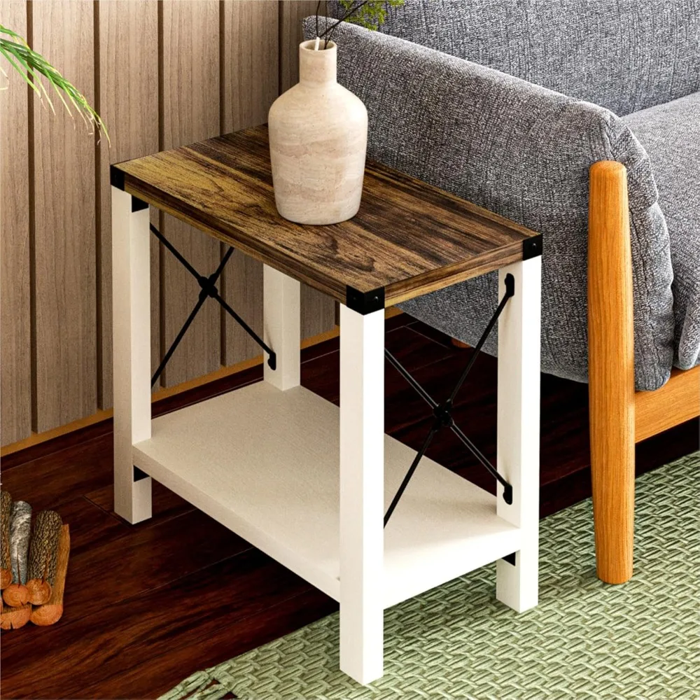 

Farmhouse End Table for Small Spaces, Set of 2,Narrow Side End Table with Storage Shelf, Rustic X-Design Nightstand Sofa Table