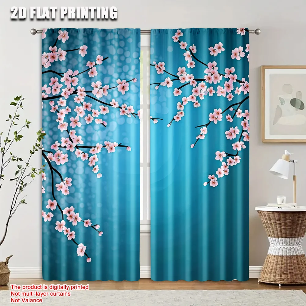 2pcs, 2D flat printing Window Curtains Cherry Blossom Branch Versatile Durable Polyester,Without Electricity Family Party