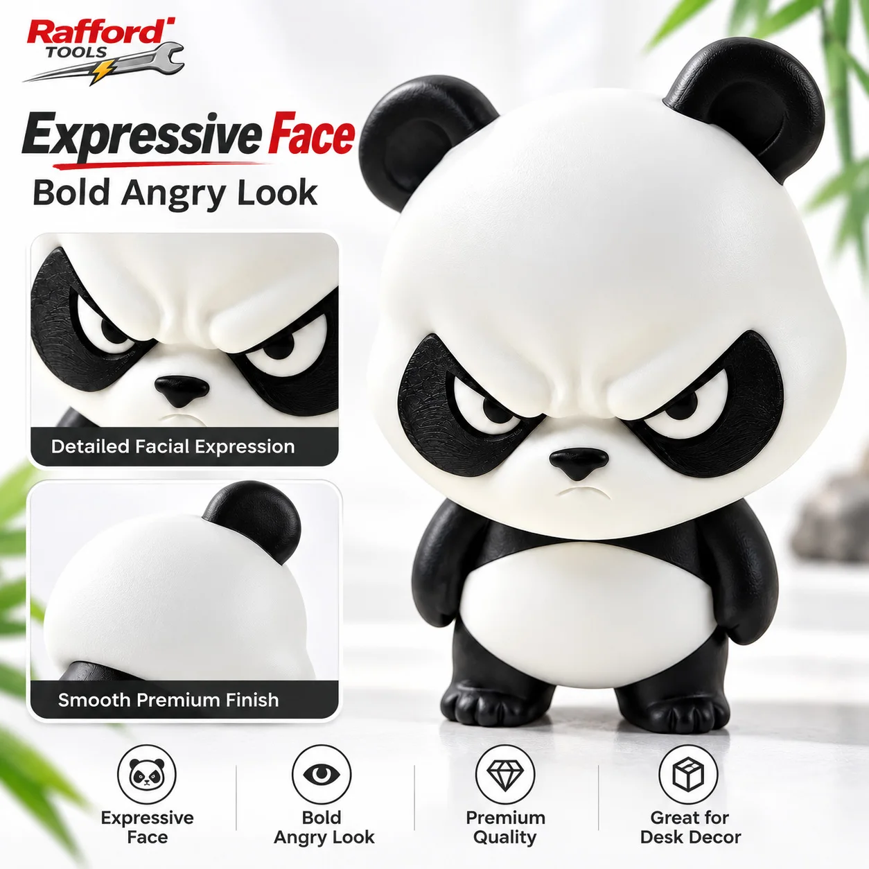 Rafford Angry Panda Figurine Cute Cartoon Desktop Ornament Black White Panda Statue for Home Office Desk Decor Gift Collection