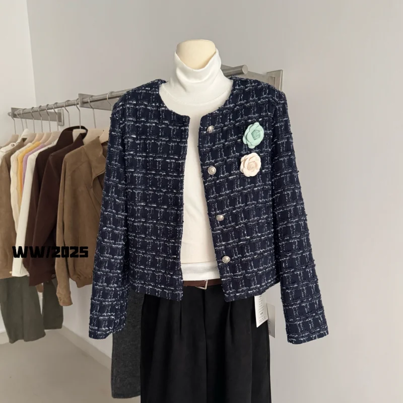 

Свободная повседневная твидовая короткая куртка в клетку с круглым вырезом, женская модная простая универсальная французская офисная повседневная осенне-зимняя женская куртка