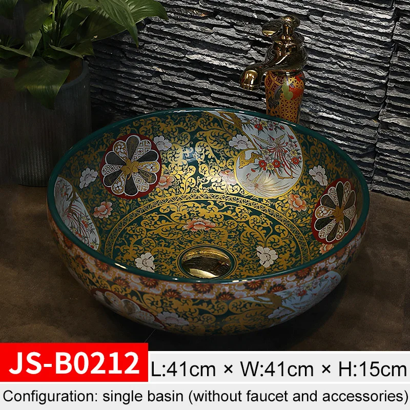 

JS-B0212 Carving Art Ceramic Washbasin Bathroom Lavatory Sink Set Shampoo Basin Round Countertop Sink Faucet Matching Set Drain