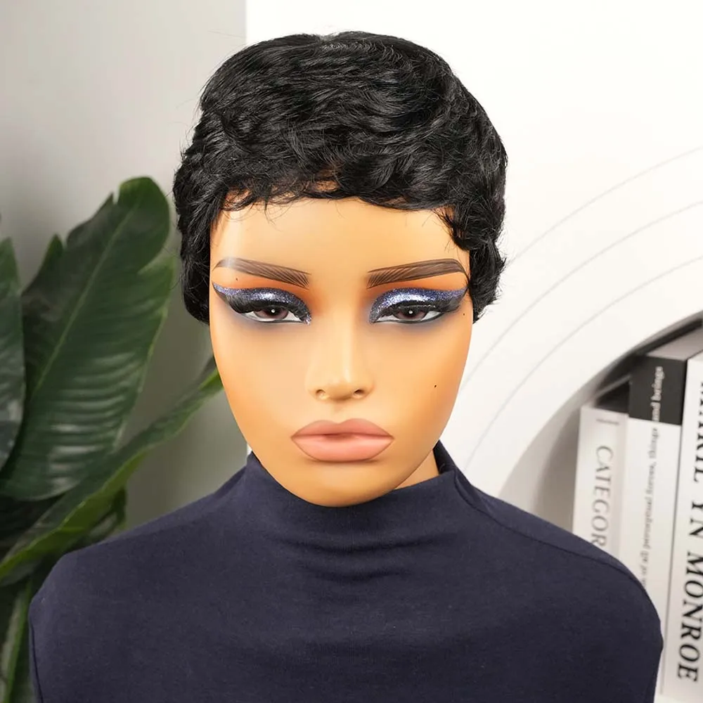 شعر مستعار بقص عابث من شعر بشري، باروكات بيكسي للنساء ذوات البشرة السمراء، باروكات قصيرة مصنوعة آليًا بالكامل، شعر مستعار أسود طبيعي