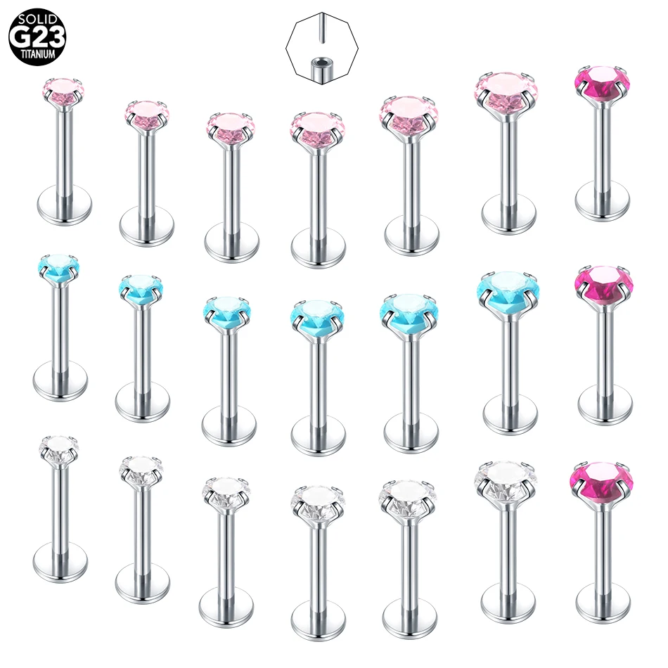 1PCS Titanium Push-in Labret Piercings with 1.5/2/2.5/3/4/5mm Pink Zircon Threadless Stud Earrings Tragus Helix Piercing Jewelry