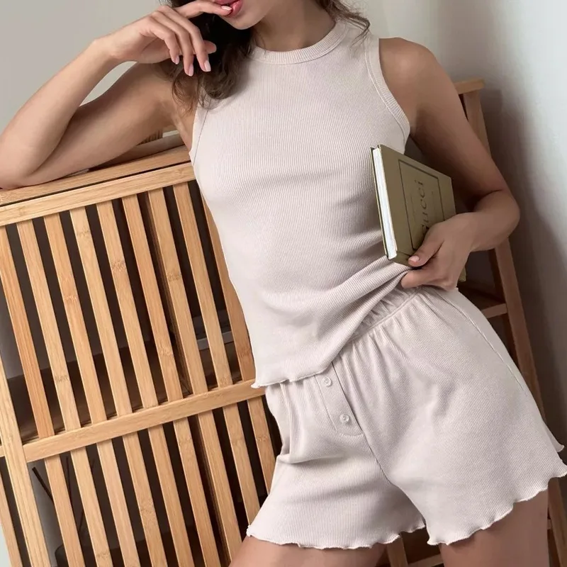 2025 새로운 봄, 여름 잠옷 세트, 단색 편안한 조끼, 반바지, 캐주얼 Loungewear 투피스 세트 여성 의류