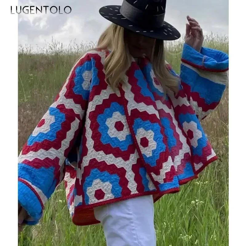 Feminino casual parka outono-inverno 2025 moda impressão geométrica emendado jaqueta vintage lapela quimono cardigan elegante topos térmicos