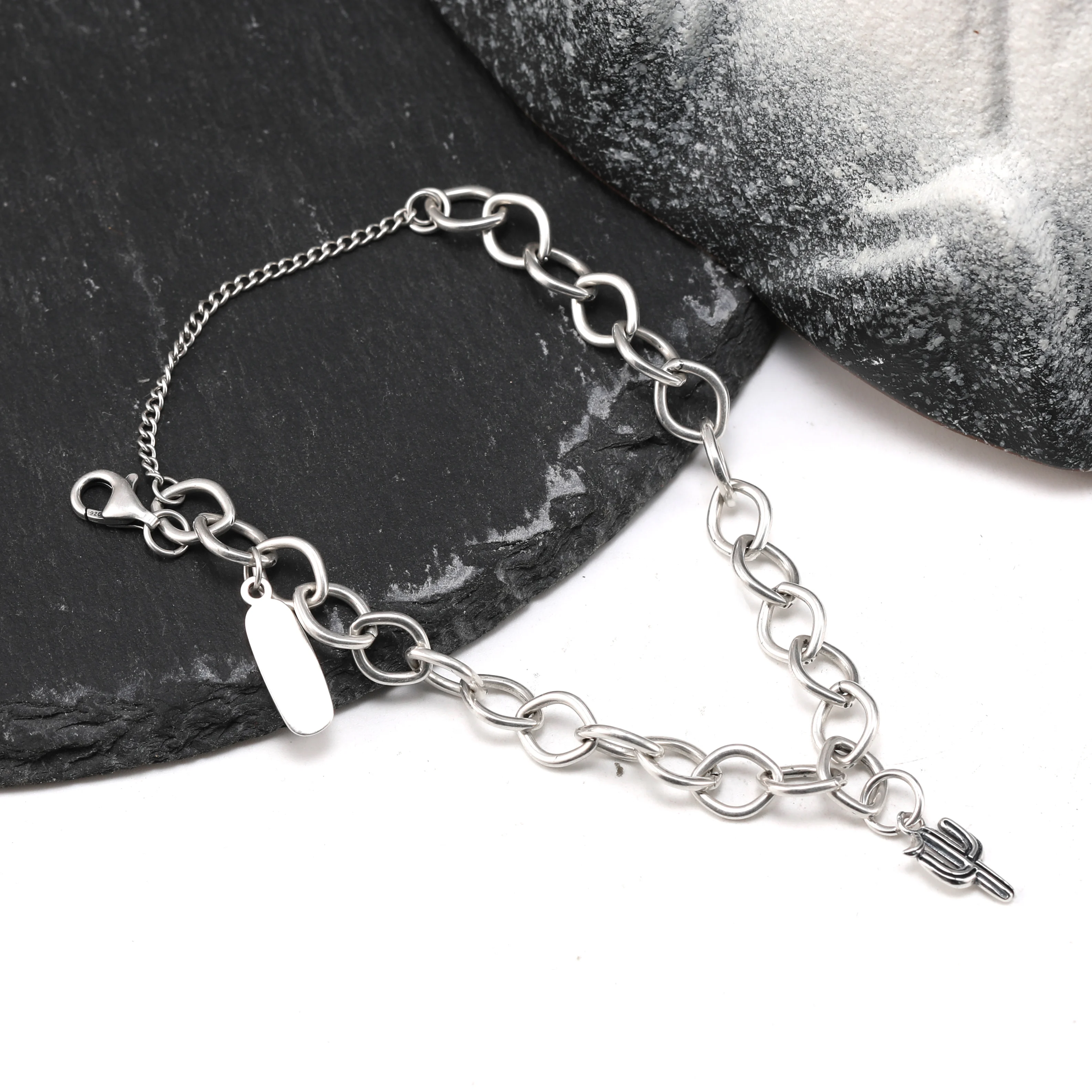 

Genuine 925 sterling silver Forged Link Charm Bracelet paired with a Cactus and Bird pendant