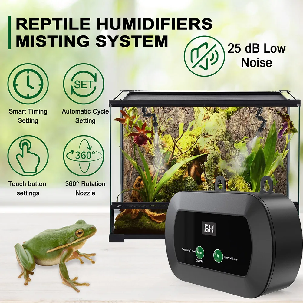 Penyiram Kabut Reptil Otomatis dengan 360 ° Sistem Kit Semprotan Pengontrol Otomatis Nozel yang Dapat Disesuaikan Layar Sentuh untuk Terarium Herps