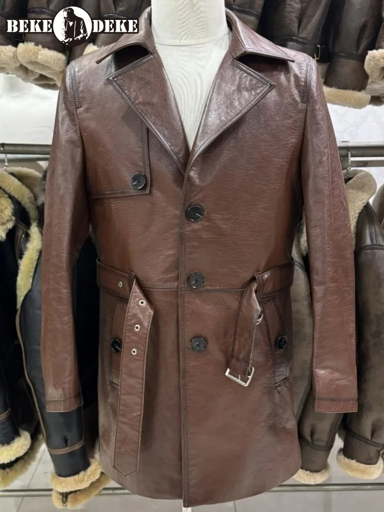 Business Casual Style Long Sleeves Sashes Genuine Leather Jacket Male Single-Breasted Solid Color Cowhide Pocket Lapel Coat