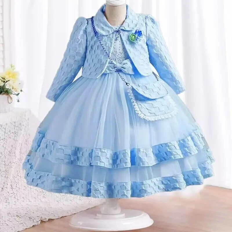 3Pcs New Girls\' Princess Dress Gorgeous Embroidery Long Sleeve Fluffy Dress Children\'s Birthday Party Dress+Bag Set