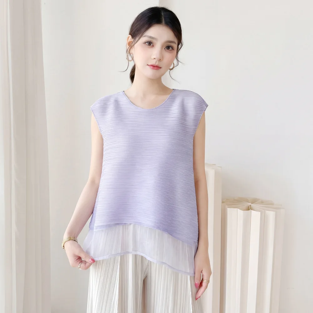 

Folded Patchwork Mesh Round Neck Women's T-shirt Loose Sleeveless Vest Elegant and Gentle Irregular Top for Women