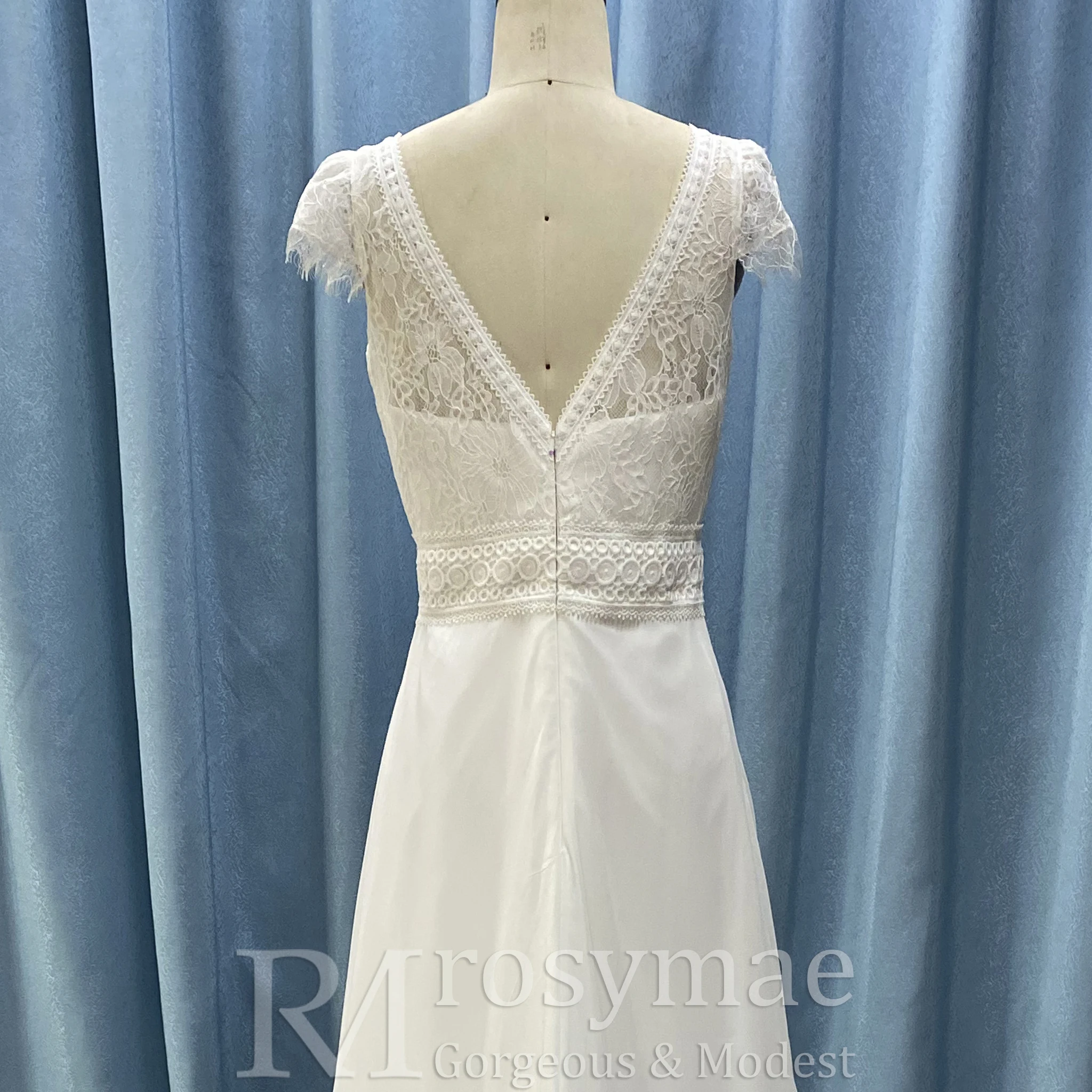 Gaun Pengantin Rosymae Elegan Model V-Neck Bahan Chiffon dengan Lengan Pendek untuk Calon Pengantin