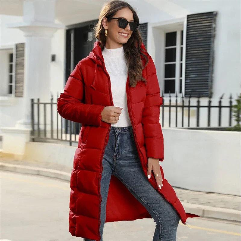 Women\'s Winter Long Parka Solid Color Thick Warm Hooded Cotton-padded Jacket Fashion Street Long Down Cotton-padded Jacket