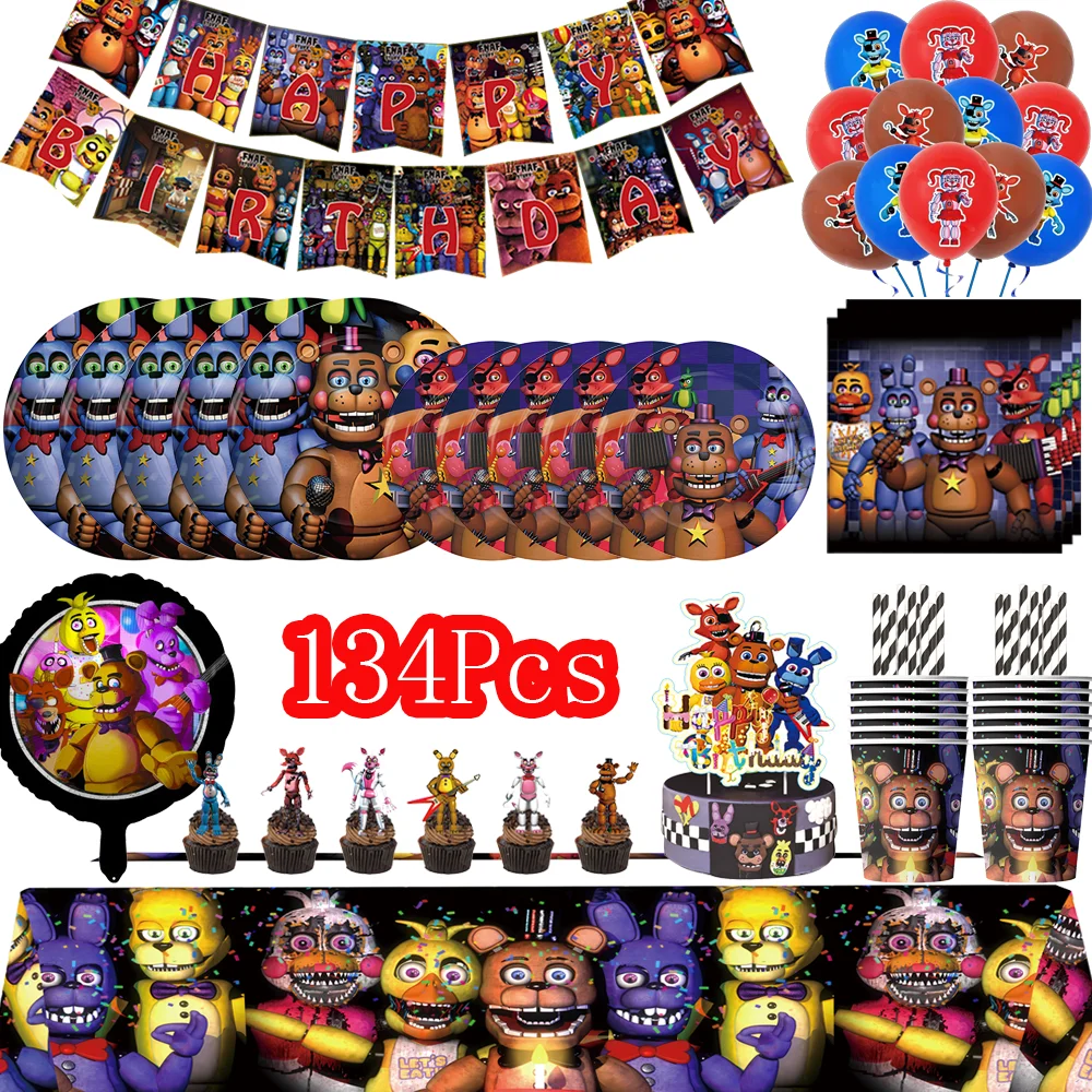 Horror FNAF Geburtstagsparty Dekoration Tischware Tischdecke Teller Becher Servietten Taschen Luftballons Babyparty Five Nights Party Zubehör