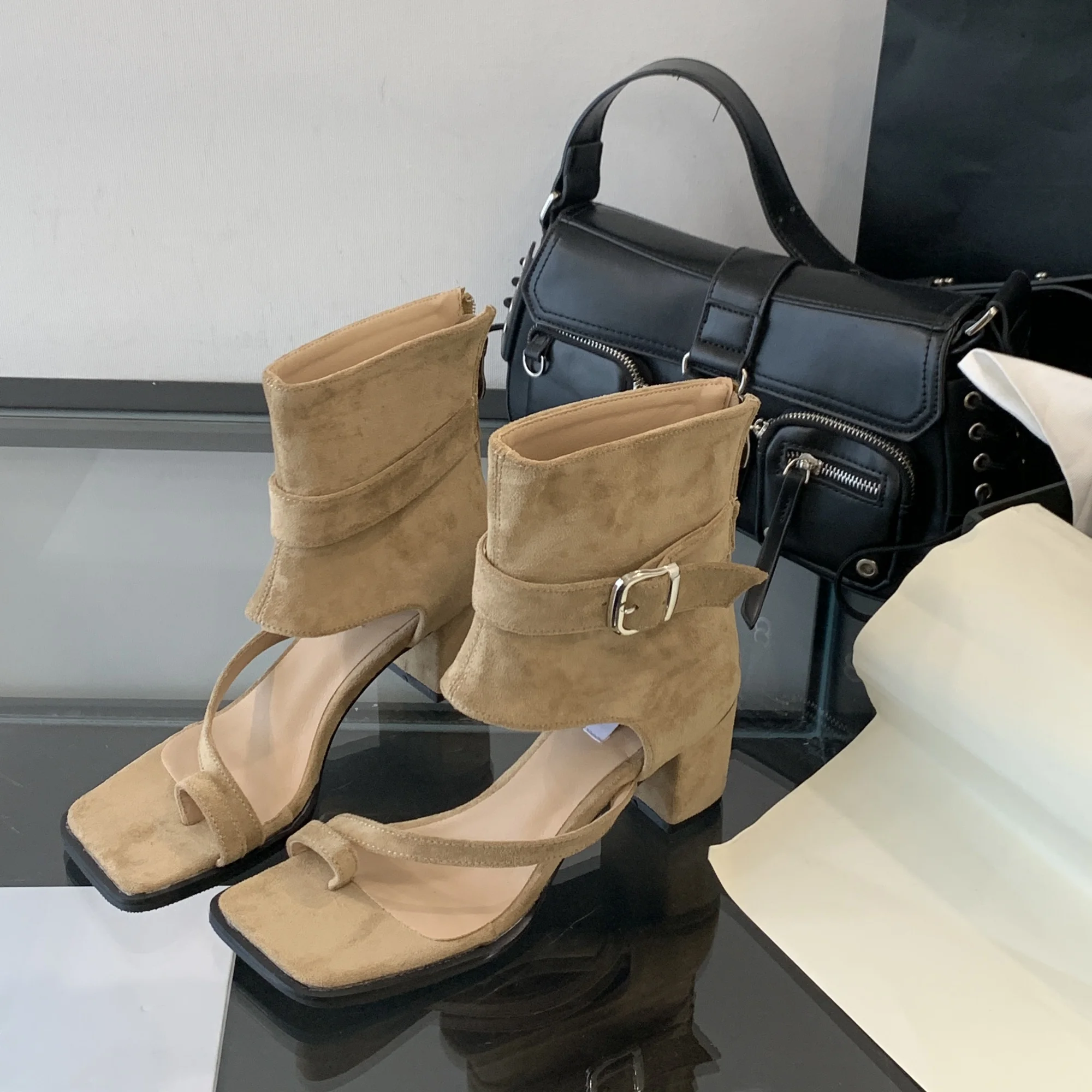 

Summer Fashion Women's Boots Square Toe Clip Toe Suede Belt Buckle Zipper Chunky Heel Casual Cool Boots