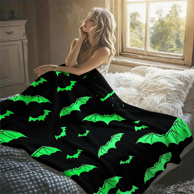 Green Halloween Bats Flannel Blanket Warm Soft Halloween Christmas Decorative Couch Warm Cozy All-Season Gift