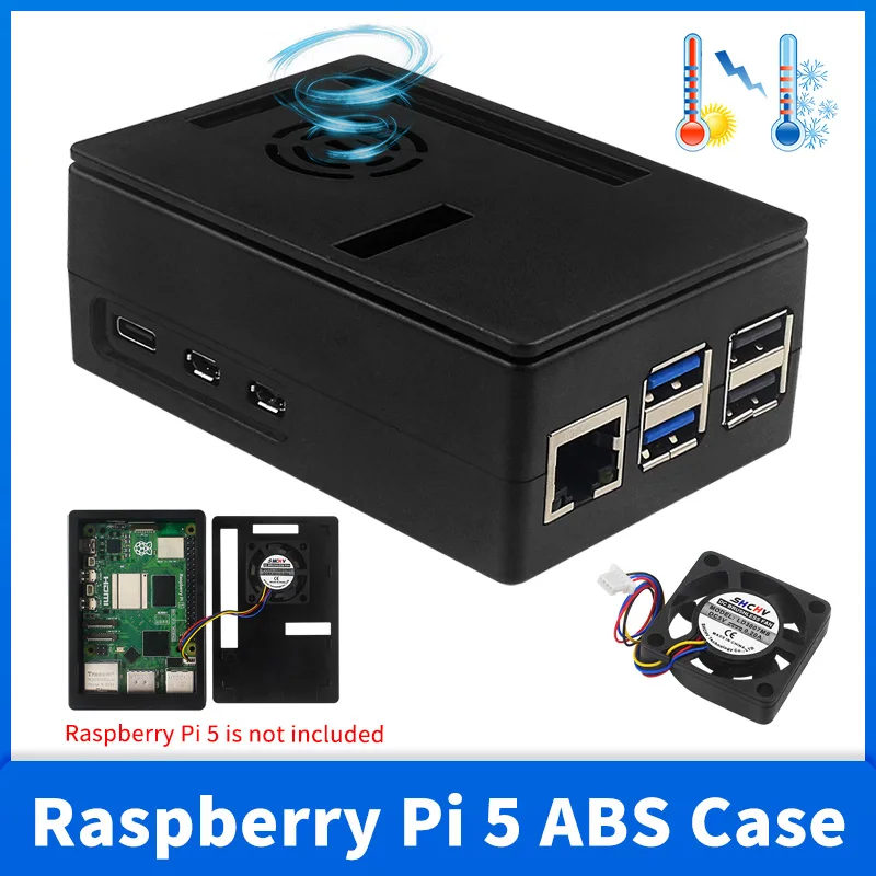 Raspberry Pi 5 ABS Case Black Plastic Shell Cooling Fan Optional Enclosure Protection Box Support 3.5 Inch Screen for RPi 5