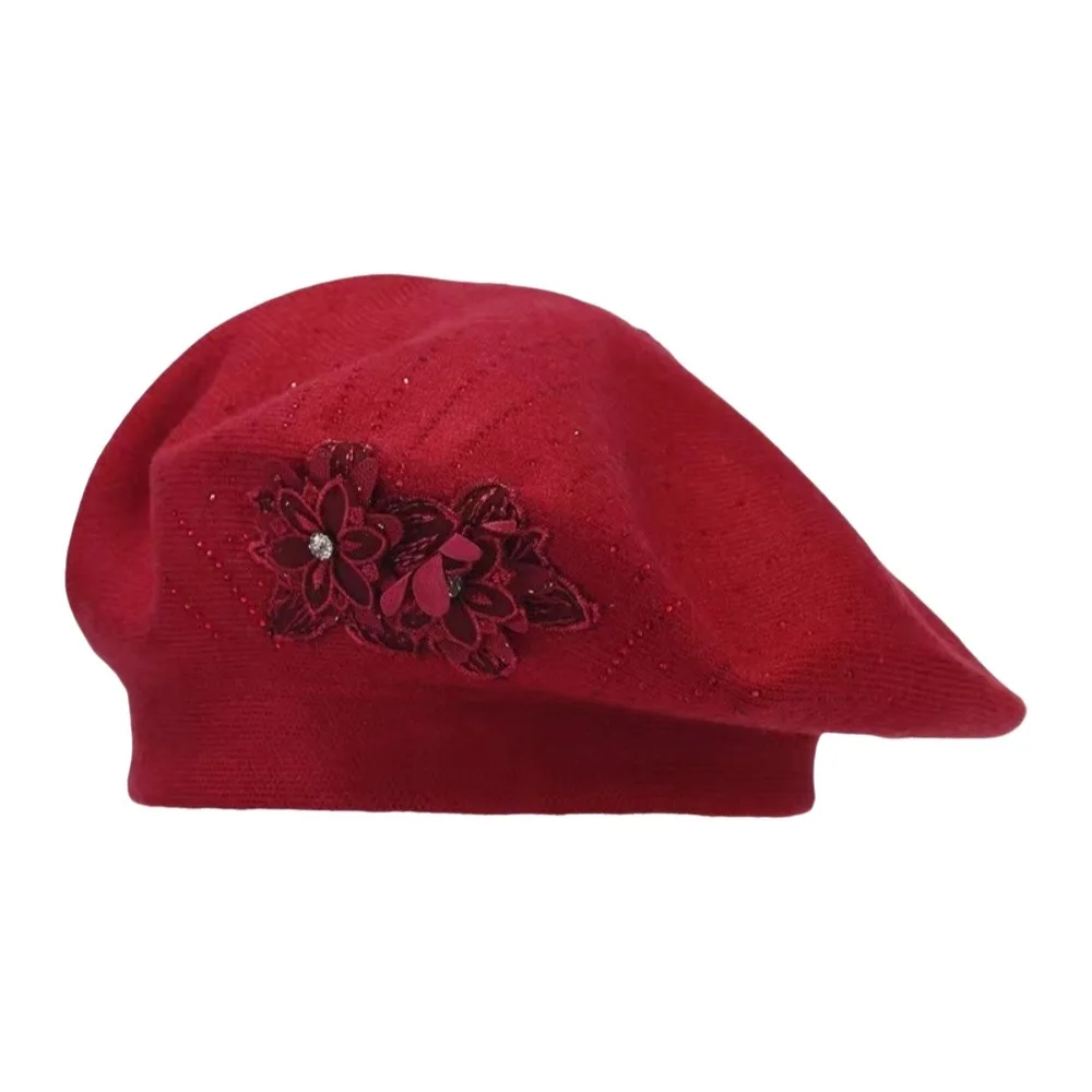 Sweet Solid Color Flower Wool Beret Rhinestone Knitted French Style Painter Cap Warm Soft Beret Hat Outdoor