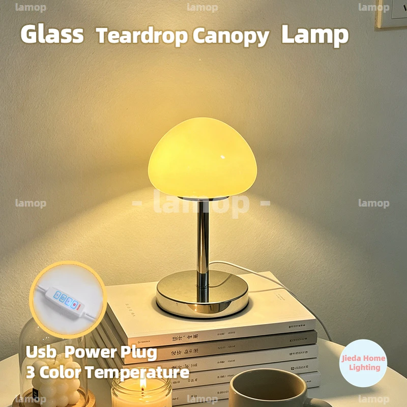 Murano Glass Teardrop Canopy Dome Table Lamp Chrome Thin Rod Base 3 Tone Soft Light Retro Book Stack Study Desk Decor Lamp