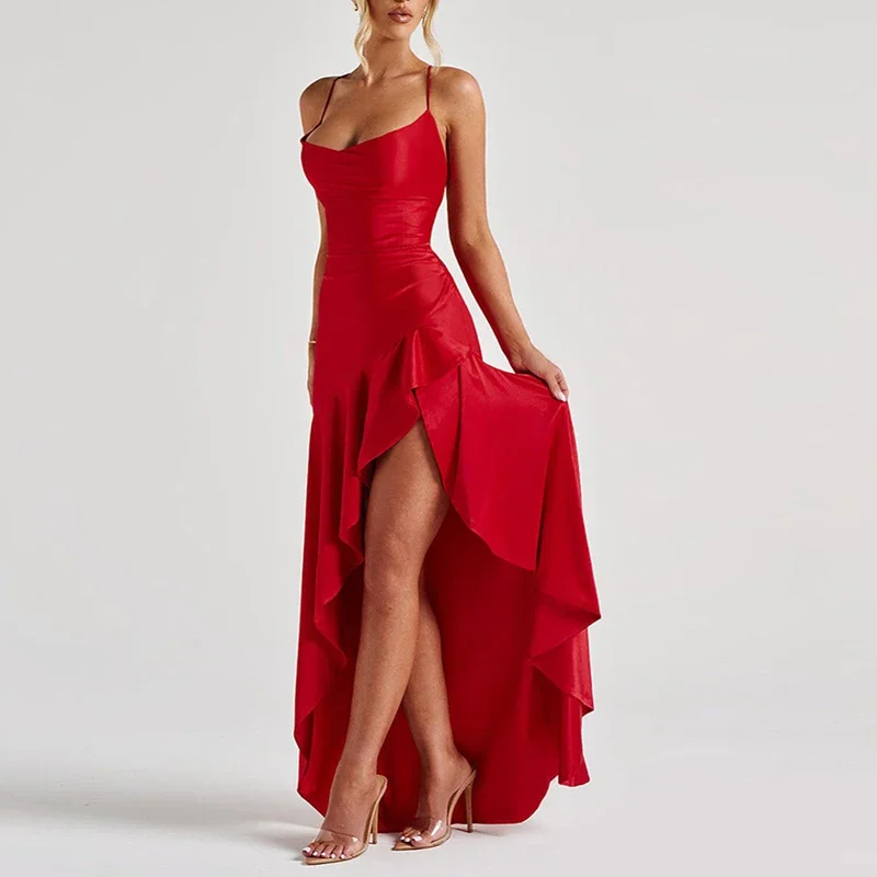 

Sexy Slash Neck Slim Ruffle Banquet Dress Women Spring Backless Lace-up Long Irregular Dress Summer Sleeveless Hollow Maxi Dress