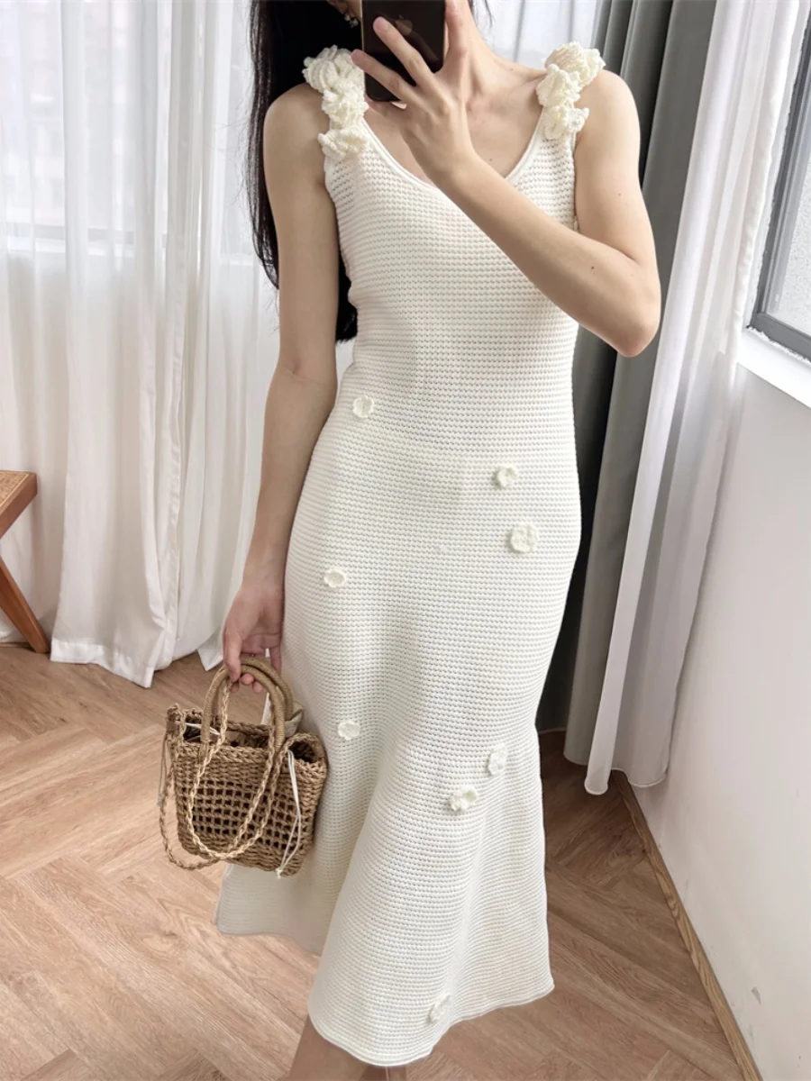 

3D floral dress with pure white beach strap, knitted long style women's relaxed feeling, holiday SP birthday dress for women