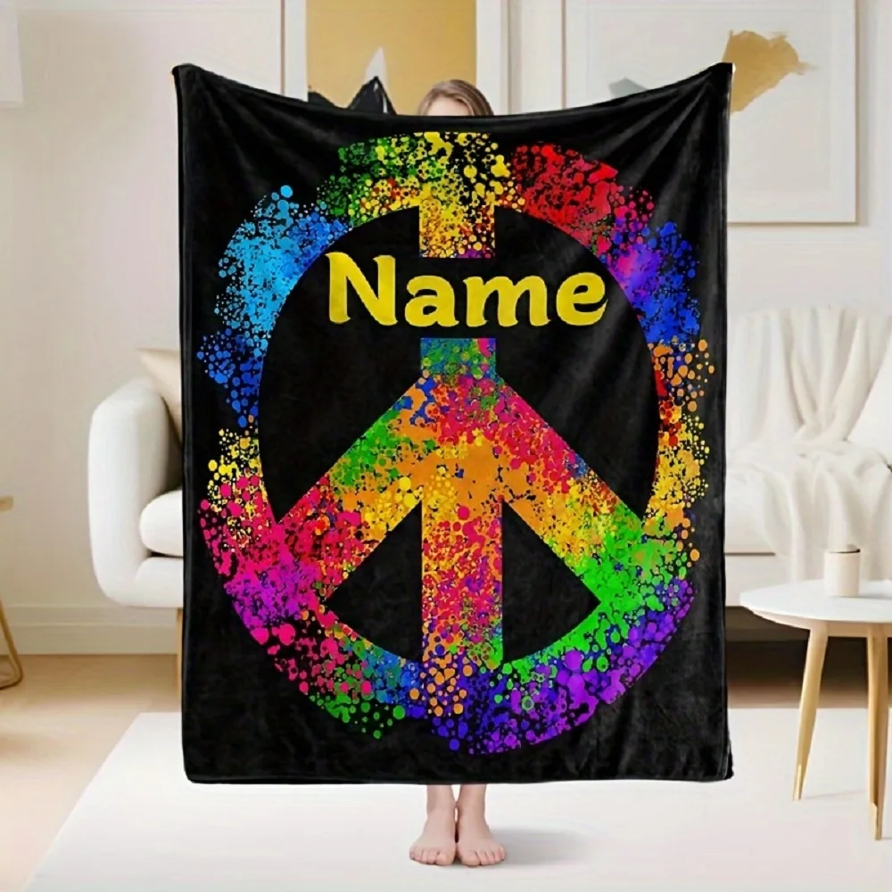 Personalized Custom Name Colorful Peace Sign Flannel Blanket  with Vibrant Peace Pattern Creative Holiday/Birthday Gift Sofa Bed