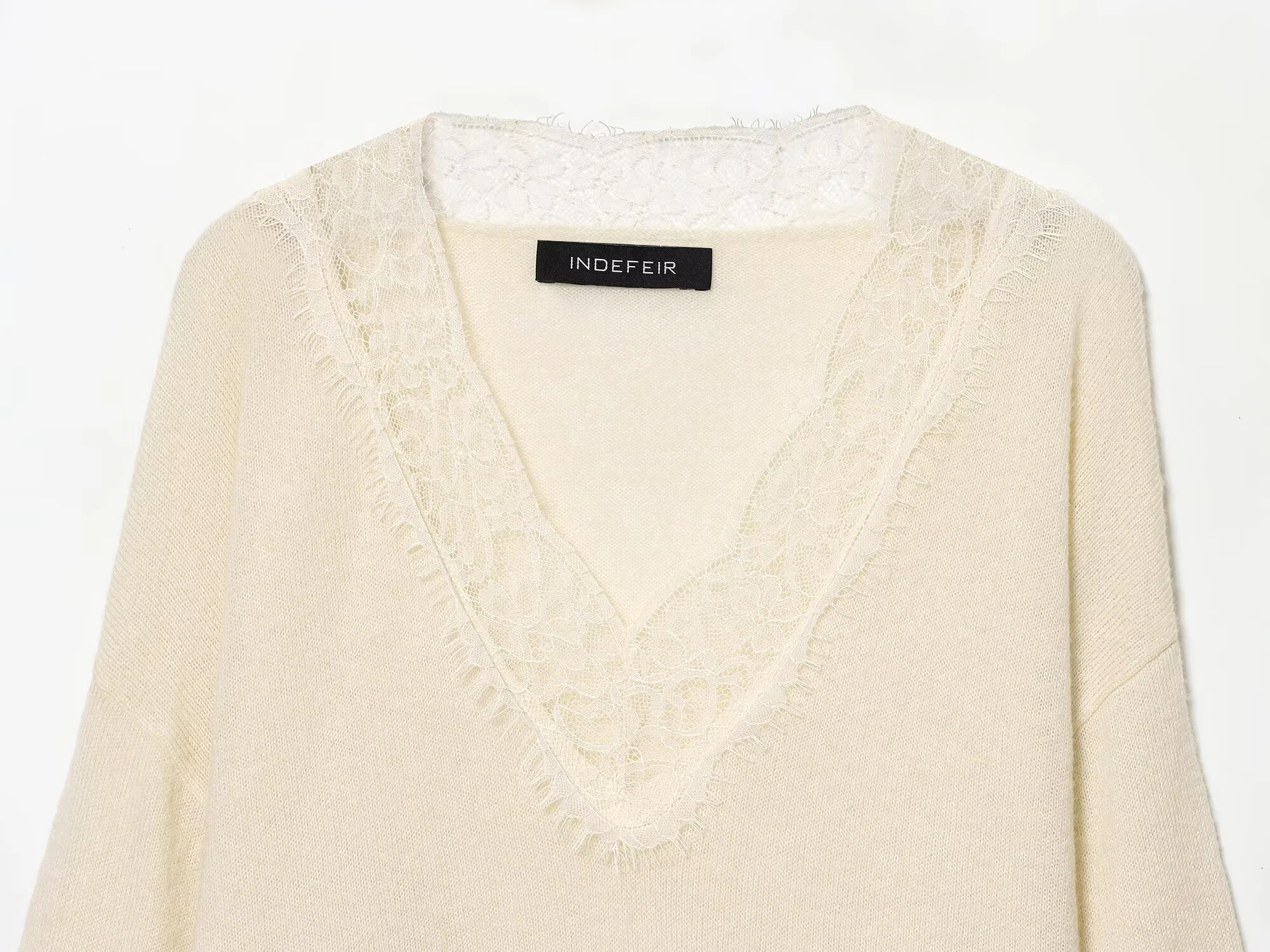 ZERAINS Kant patchwork V-hals gebreid T-shirt voor dames herfst nieuwe ondergoed stijl lange mouwen T-shirt trui top