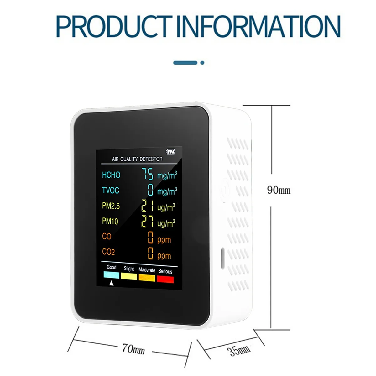 6 en 1 PM2.5 PM10 HCHO TVOC CO CO2 Detector de calidad del aire CO CO2 Monitor de formaldehído Probador de calidad del aire para el hogar y la Oficina, Negro