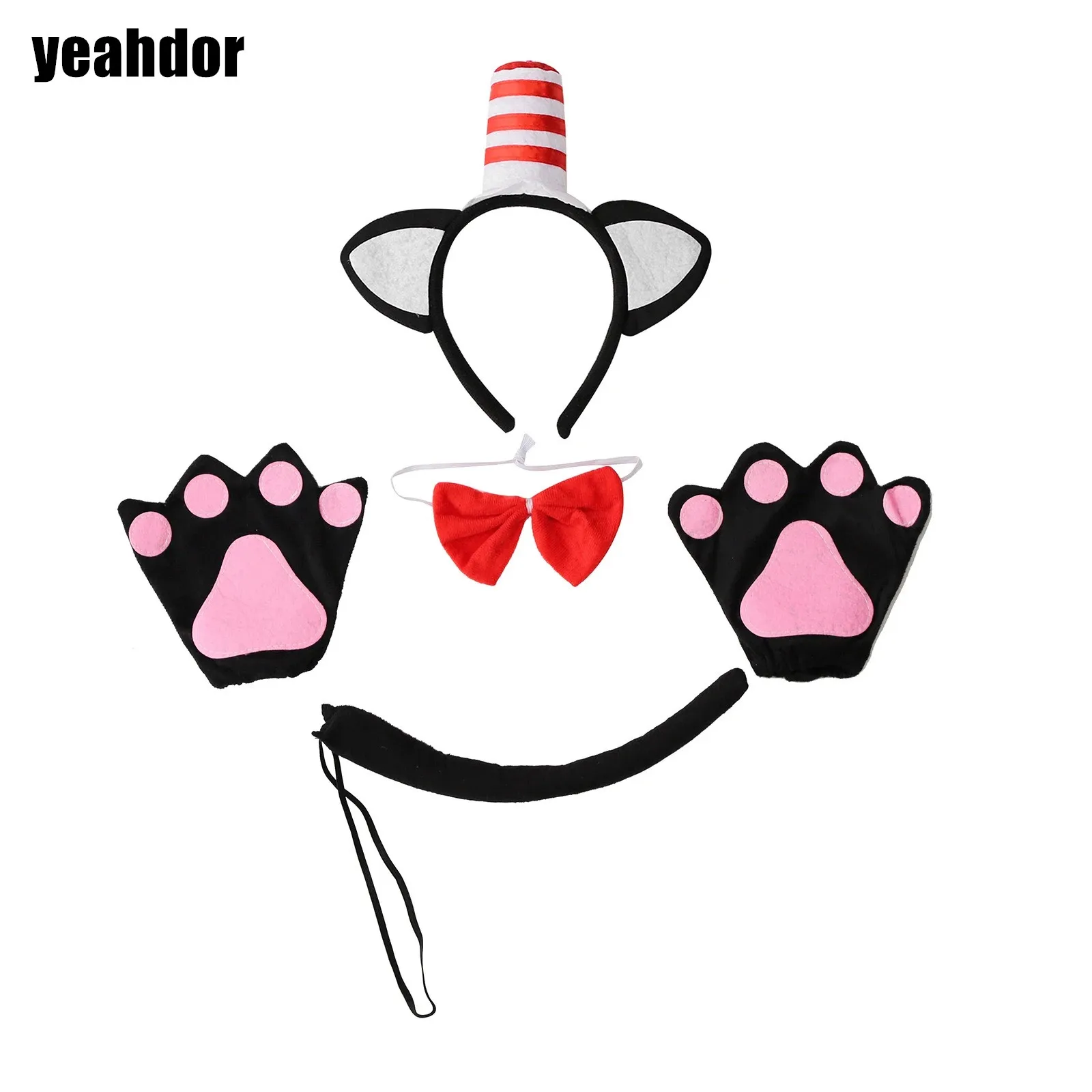 Kids Kitten Cat Cosplay Props Halloween Party Top Hat Ears Headwear Bow Tail And Cute Paw Gloves Costumes Accessories