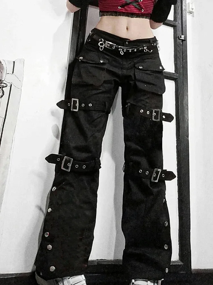 Metal Button High Waisted Straight Leg Jeans Drop Crotch Trousers Streetwear Hip Hop Fashion Y2K Cargo Denim Pants for Women