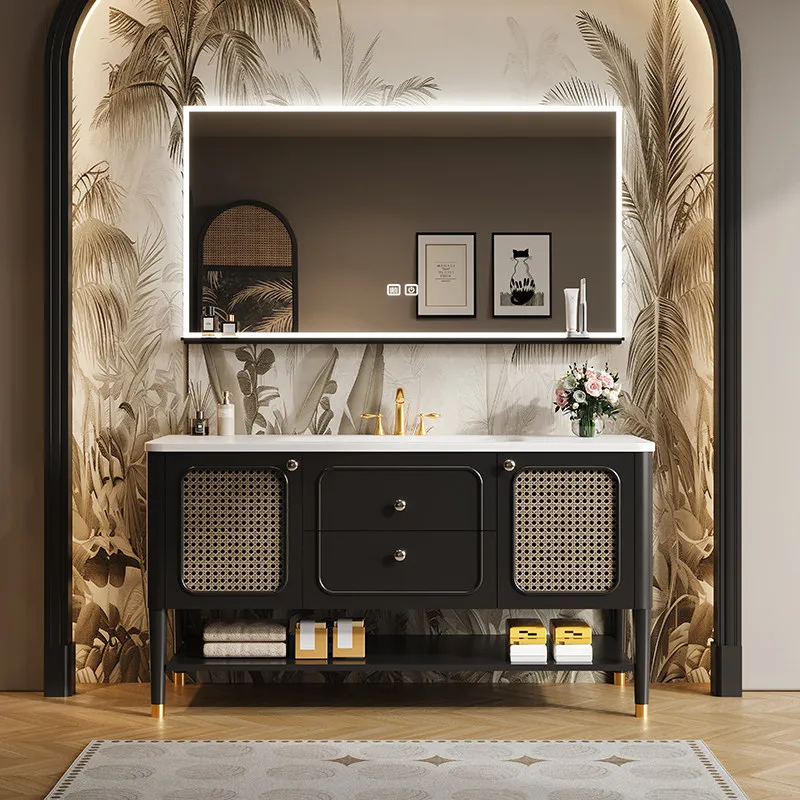 

Керамическая раковина из сланца с бесшовной конструкцией, изготовленная методом горячей гибки, комбинированная с тумбой для ванной, напольная тумба-умывальник из дуба и ротанга.