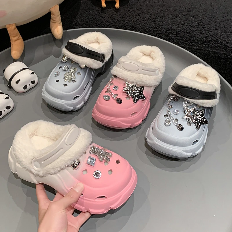 Plush Warm Slippers Winter Girls Boys Hole Shoes Thick High Heel Soft Sole Beach Garden Shoes Children Home Plush Hole Slipper