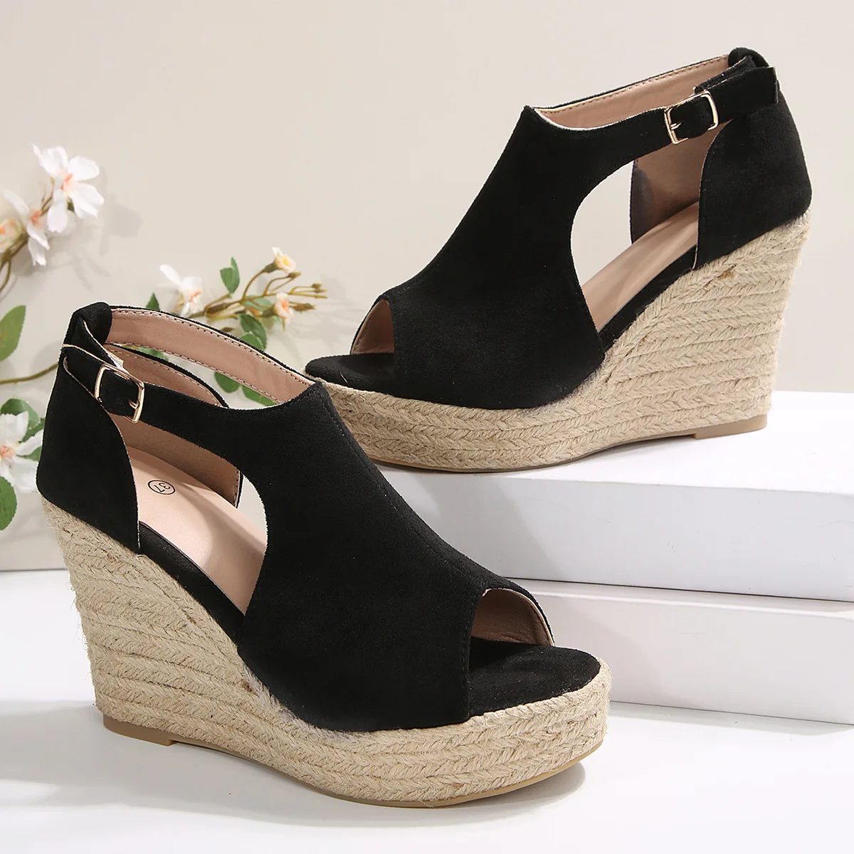 Large-sized high-heeled fish-mouthed sandals for women, thick-soled sloping heels, one-shoulder clasp, and linen soles