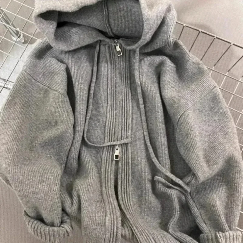 

Gray Hooded Sweater Coat Autumn Winter Double Zipper Long Sleeve Loose Fashion Korean Soft Thickened Knitted Tops Coats