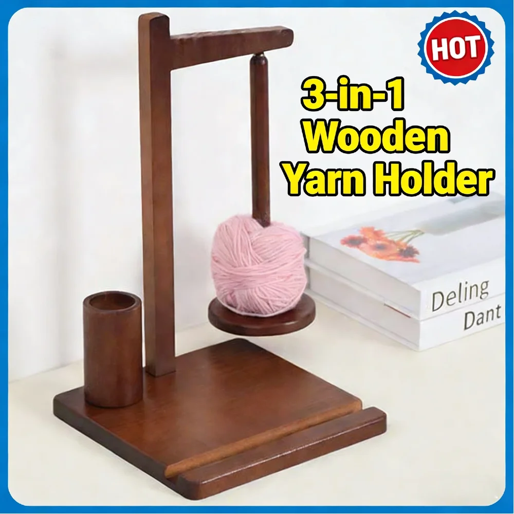 

Деревянная подставка для пряжи 3-в-1 с вращающимся держателем для клубков, подставкой для телефона, магнитным креплением и плавным вращением, предотвращающим спутывание ниток, для вязания крючком